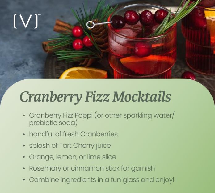 Festive cranberry citrus holiday mocktail in a glass with garnish, perfect for stress-free holiday celebrations.