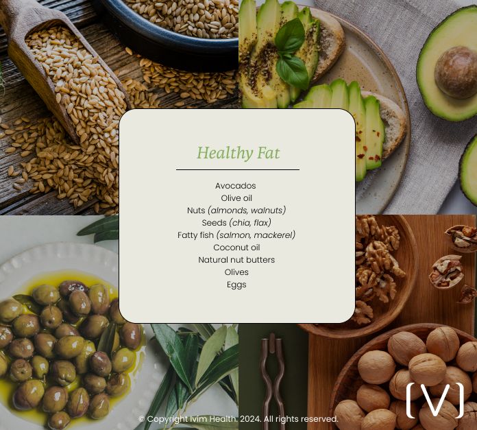 A variety of healthy fat sources, including avocados, nuts, seeds, and olive oil, ideal for a GLP-1 meal plan to support energy, nutrient absorption, and overall wellness.