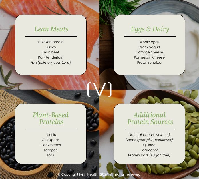 A variety of protein-rich foods including lean meats, fish, eggs, beans, and legumes, essential for muscle health and sustained fullness on a GLP-1 meal plan.