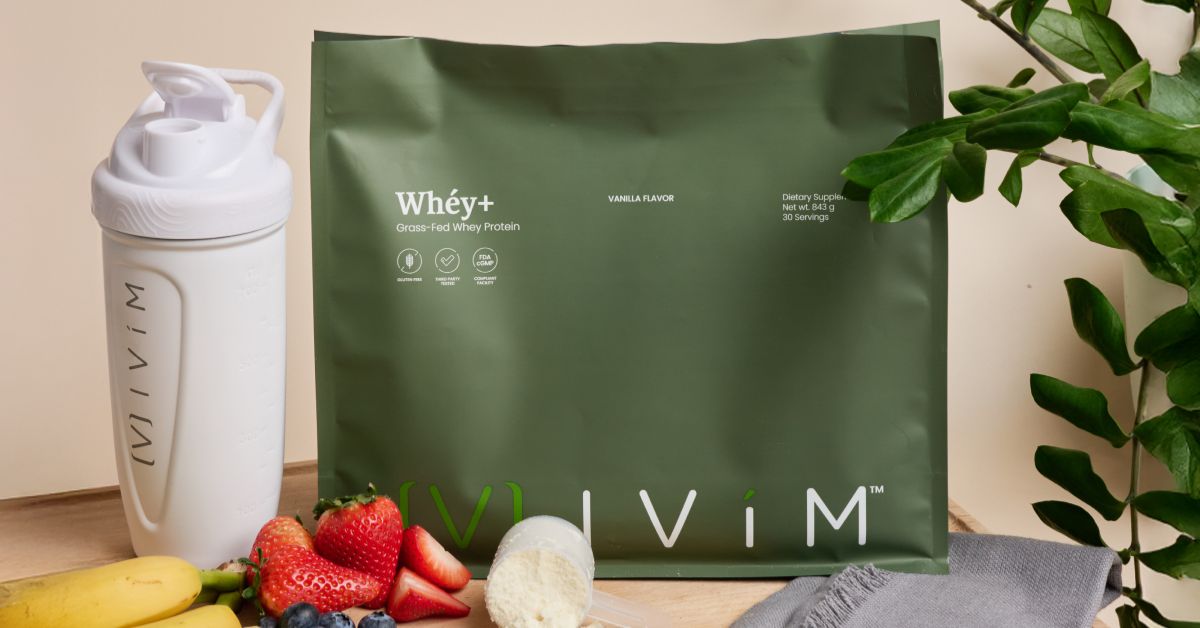 Premium grass-fed whey protein powder bag from Ivím Health in chocolate and vanilla flavors for women's health and muscle preservation