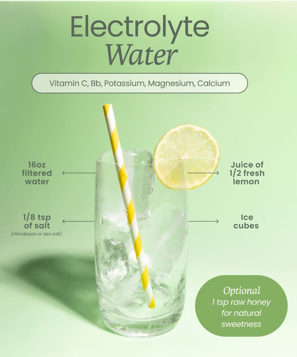 Glass of homemade electrolyte water with lemon slices and salt on the side